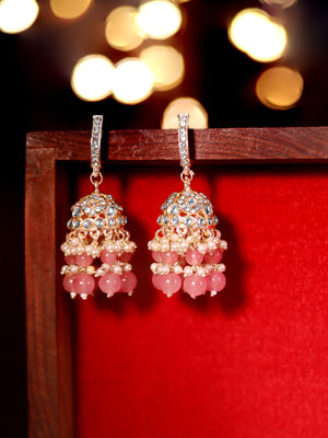 Priyaasi Pink Beads Kundan Mini Fresh Water Pearls Push back Gold Plated Jhumka Earrings