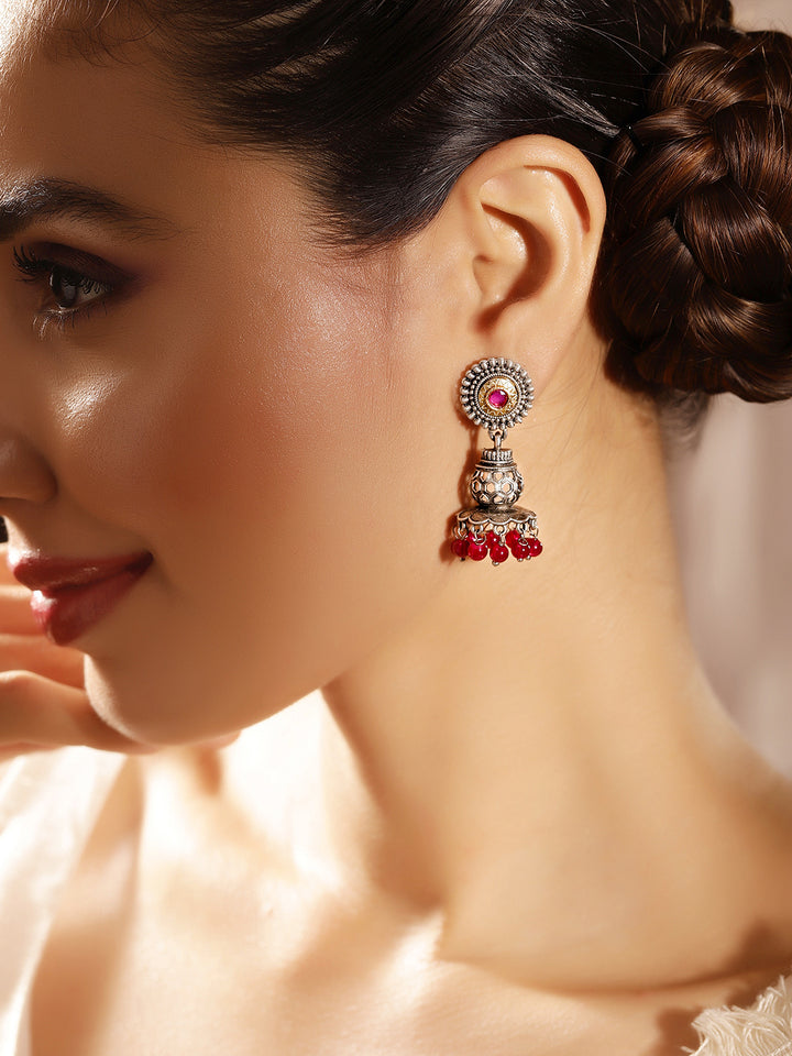 Priyaasi Silver Plated Red Oxidized Drop Earrings