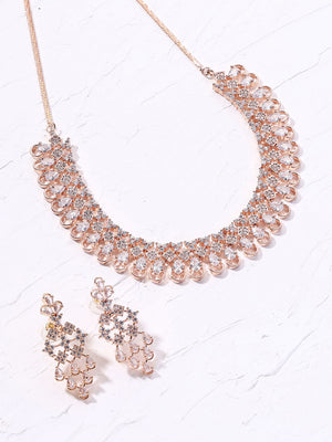 Priyaasi Floral AD Dualtone Fancy Rosegold Necklace with Stylish Drop Earrrings Jewellery Set