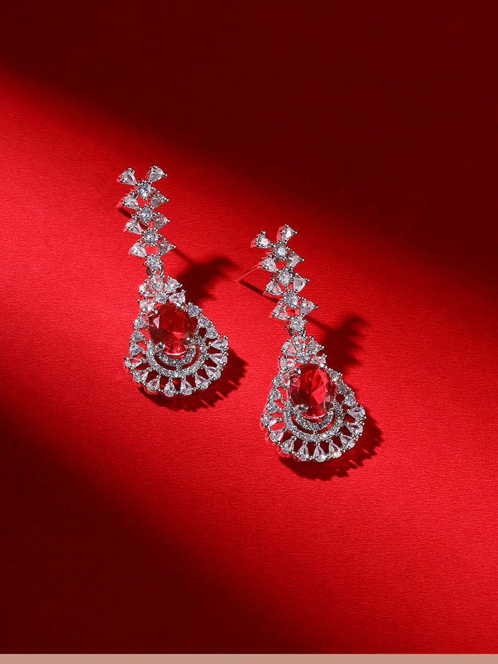 Priyaasi Ruby AD Stones Floral Silver Plating Elegance Drop Earrings