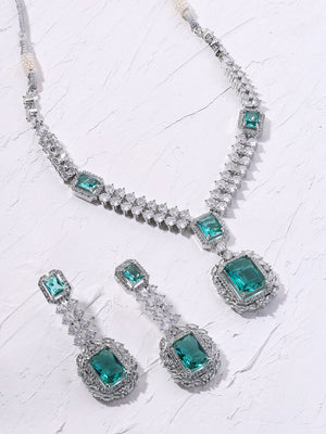 Priyaasi Royal Emerald AD Elegance Silver Plating Necklace Exquisite Drop Earrings Jewellery Set