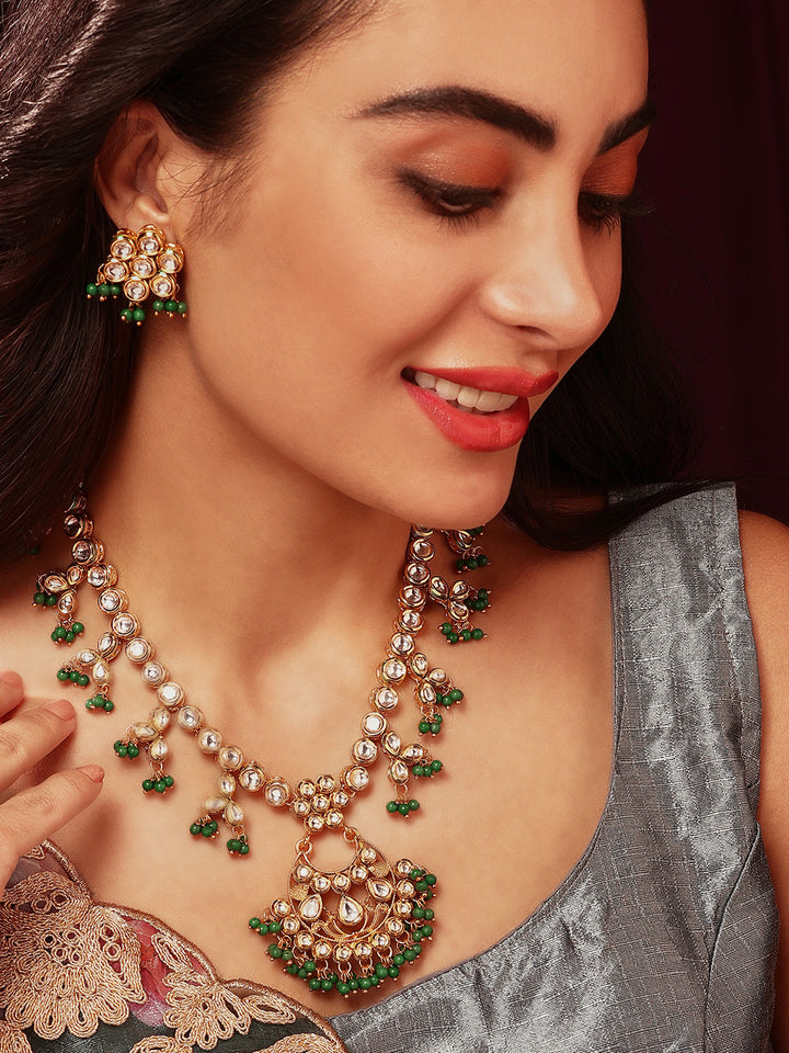 Priyaasi Green Kundan Beads Gold Plated Necklace with Floral Design Earrings Jewellery Set