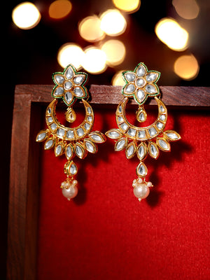 Priyaasi Green floral chandbali kundan Fresh Water pearl design gold plated push back earrings