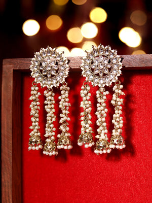 Priyaasi Kundan Floral Stud Fresh Water Pearl Tassels mini jhumkis gold plated push back earrings