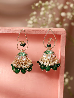 Priyaasi Green Fresh Water Pearl Beads Gold Plated Hanging Jhumka Earrings