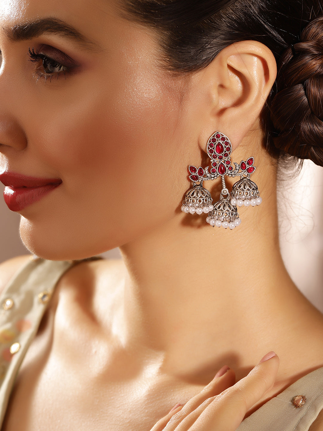 Priyaasi Silver Plated Red Oxidized Drop Earrings