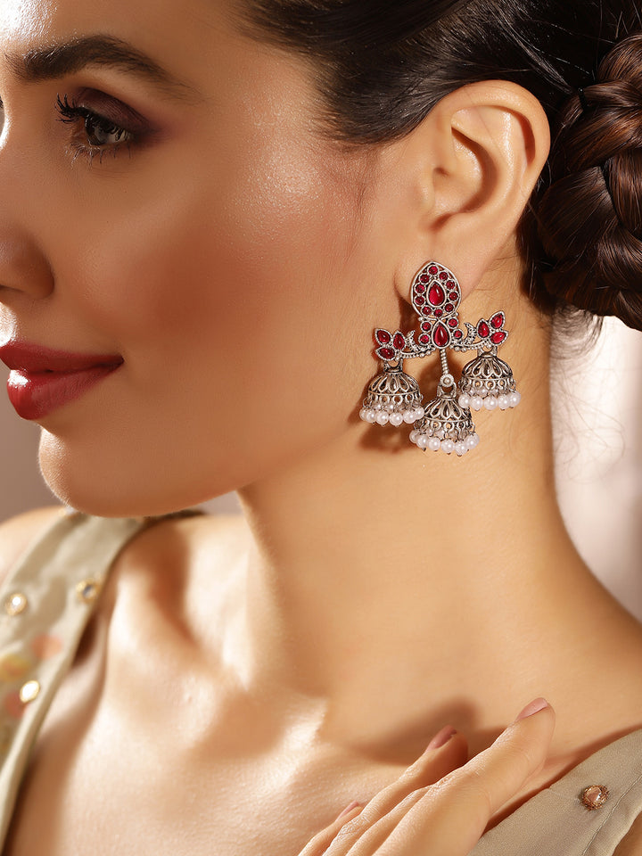 Priyaasi Silver Plated Red Oxidized Drop Earrings