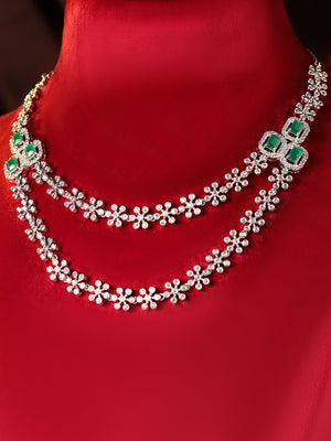 Floral Emerald Elegance Layered Style Silver Plated Necklace Drop Earrings Jewellery Set