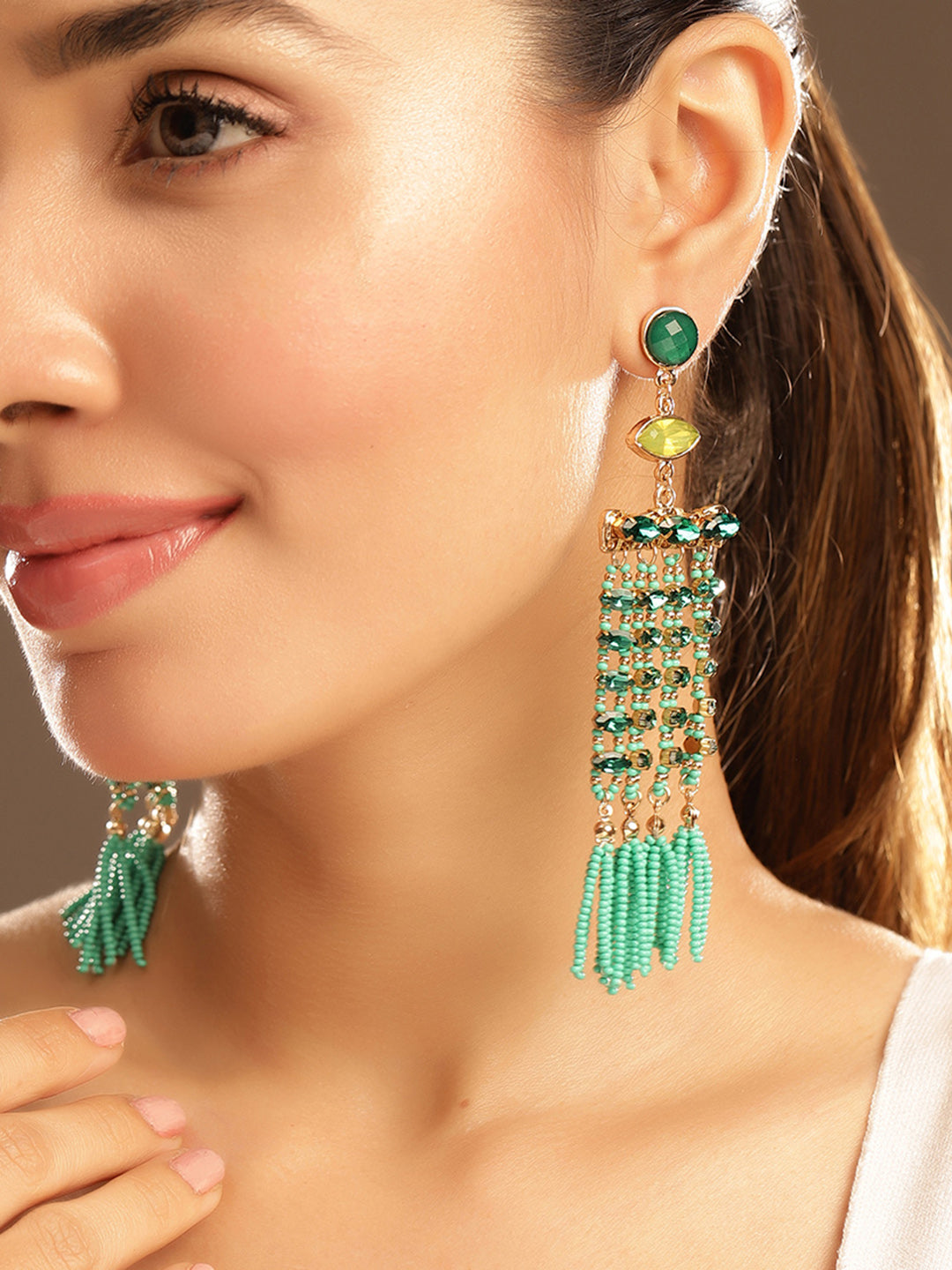 Priyaasi Gold Plated Green Beaded Dangle Earrings