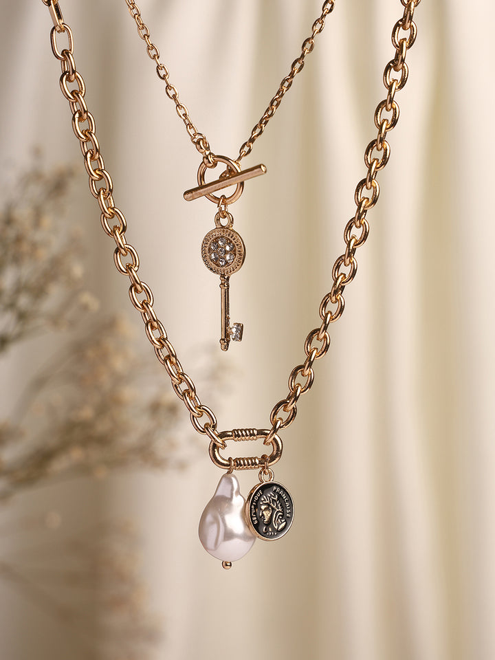 Priyaasi Pearl Key Locket Gold Plated chain Necklace