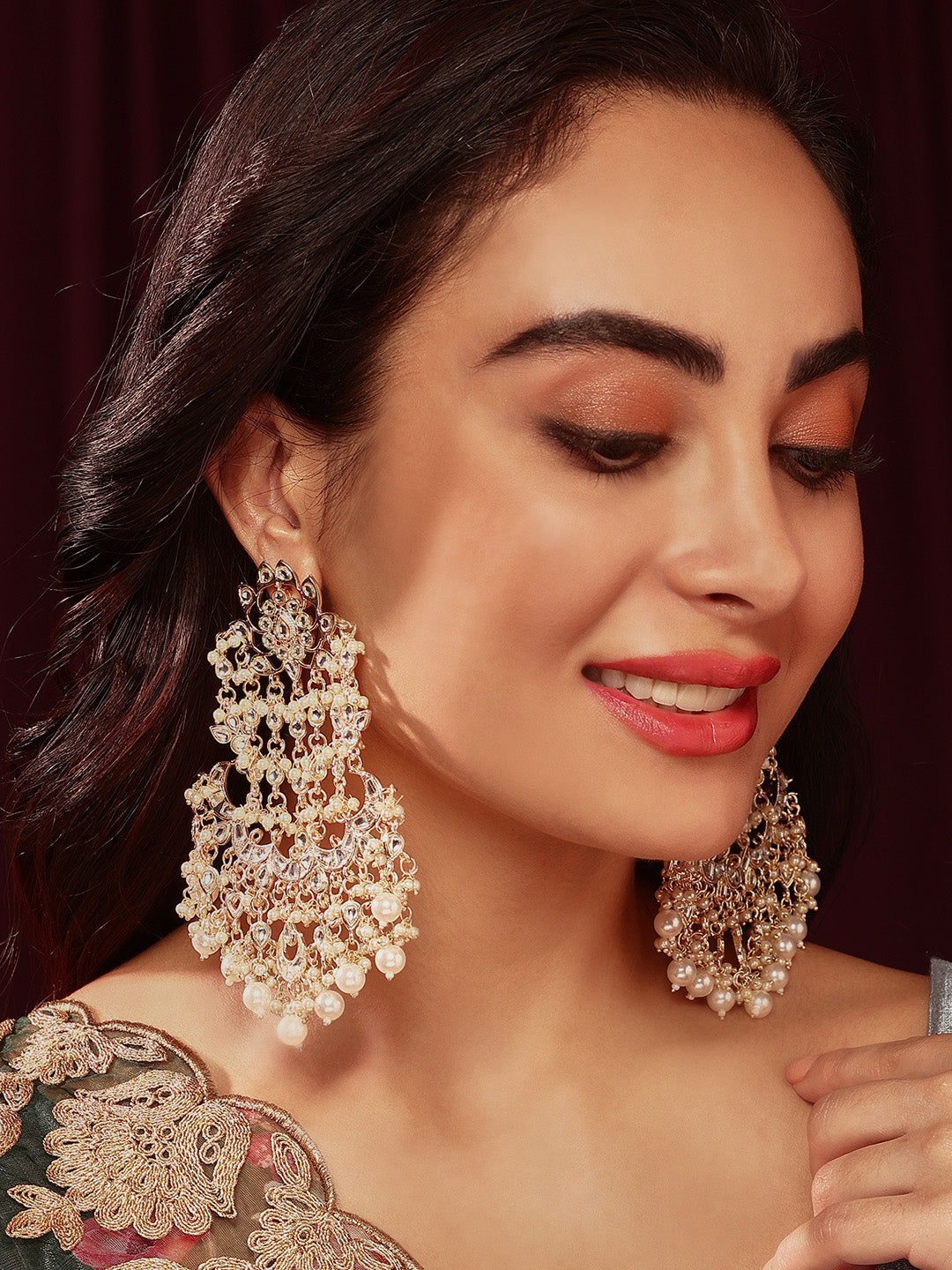 Priyaasi Kundan Pearl Floral Chandbali Design Gold Plated Earrings