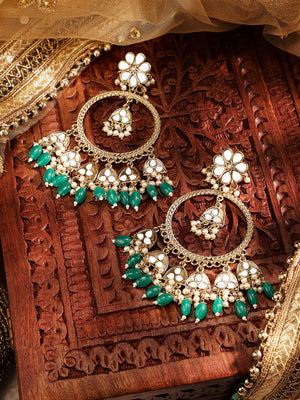 Priyaasi Green Beads mini Mirror Style Chandbali Gold plated push back Earrings