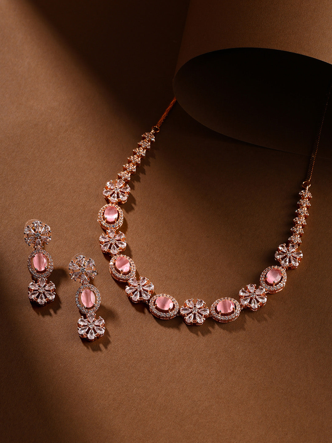 Priyaasi Floral Rosegold plated Adorned Geometrical Design Necklace with Drop Style Earrings Jewellery Set