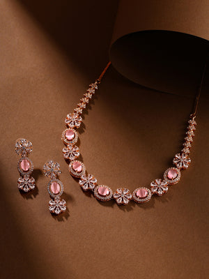 Priyaasi Floral Rosegold plated Adorned Geometrical Design Necklace with Drop Style Earrings Jewellery Set