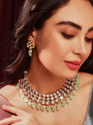 Priyaasi Simple Mint Beads Kundan Elegance with Floral Kundan Earrings Jewellery Set