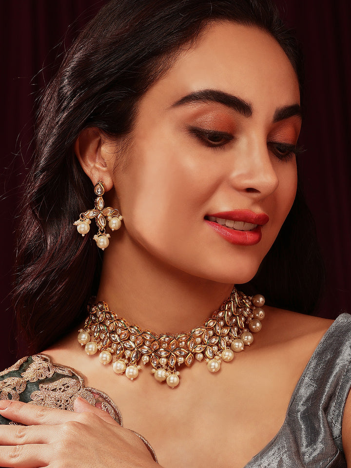 Priyaasi Royal Floral Kundan Pearl Necklace with Simple Drop Earrings Jewellery Set