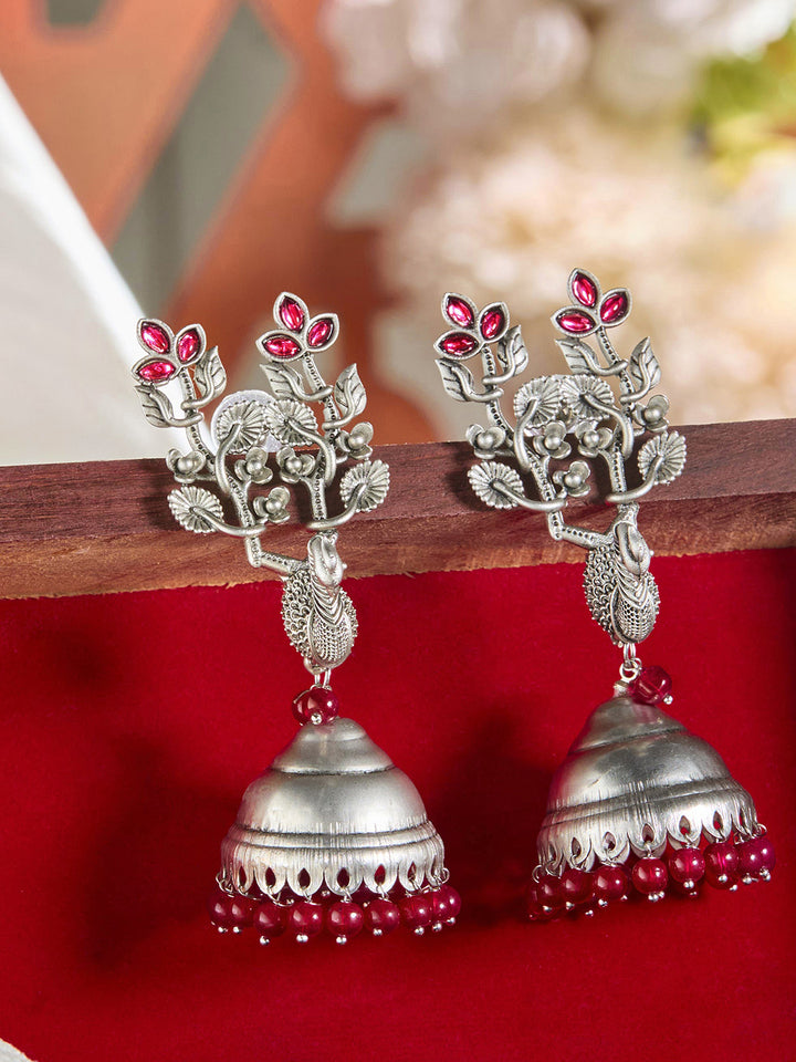 Priyaasi Silver Plated Red Ruby Oxidized Jhumka Earrings