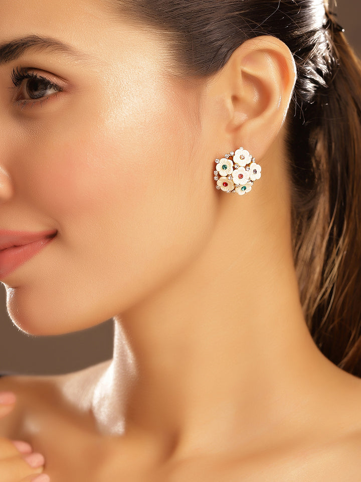 Priyaasi Gold Plated White Floral Stud Earrings