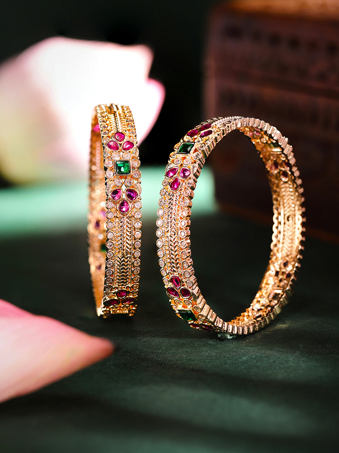 Priyaasi Gold Plated Multi-Color Emarld-Pink Bangles