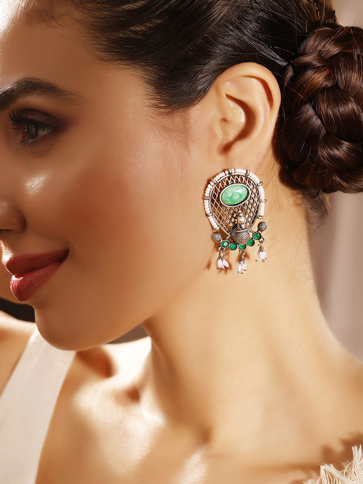 Priyaasi Silver Plated Green Oxidized Drop Earrings