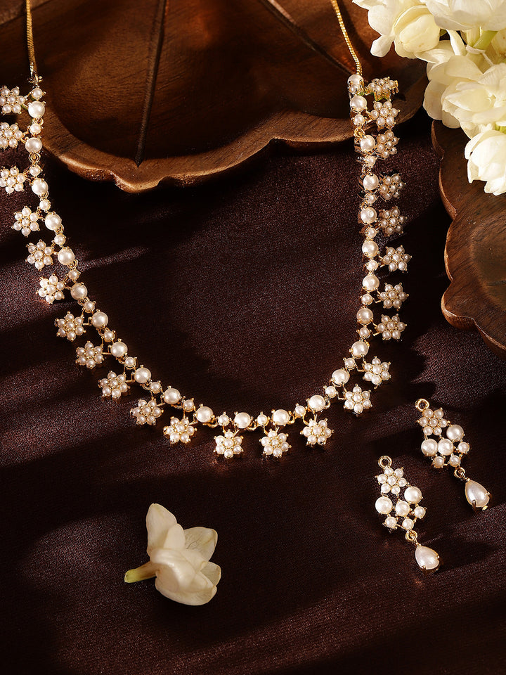 Floral Style Pearl Studded Necklace and Drop Earrings Jewellery Set