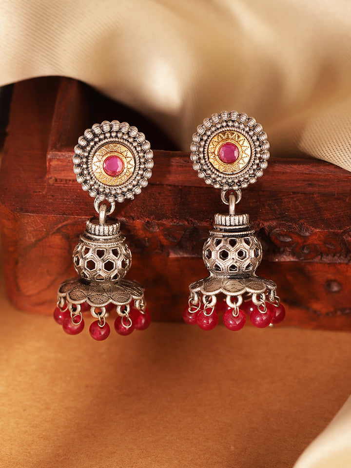 Priyaasi Silver Plated Red Oxidized Drop Earrings