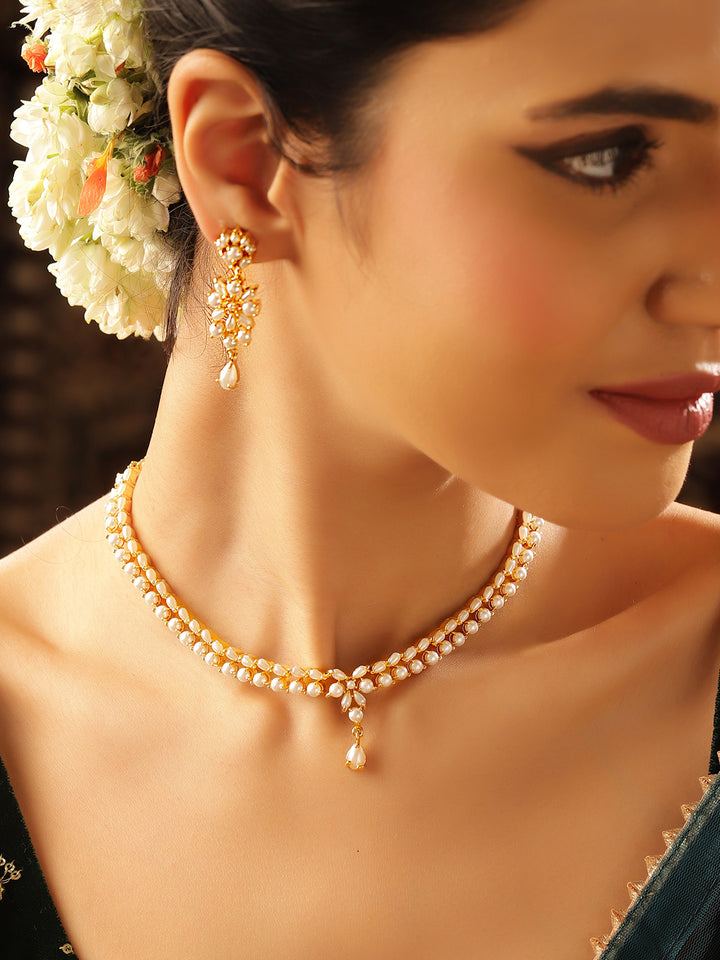 Floral Pearl Stoned Gold Plated Necklace Drop Earrings Jewellery Set