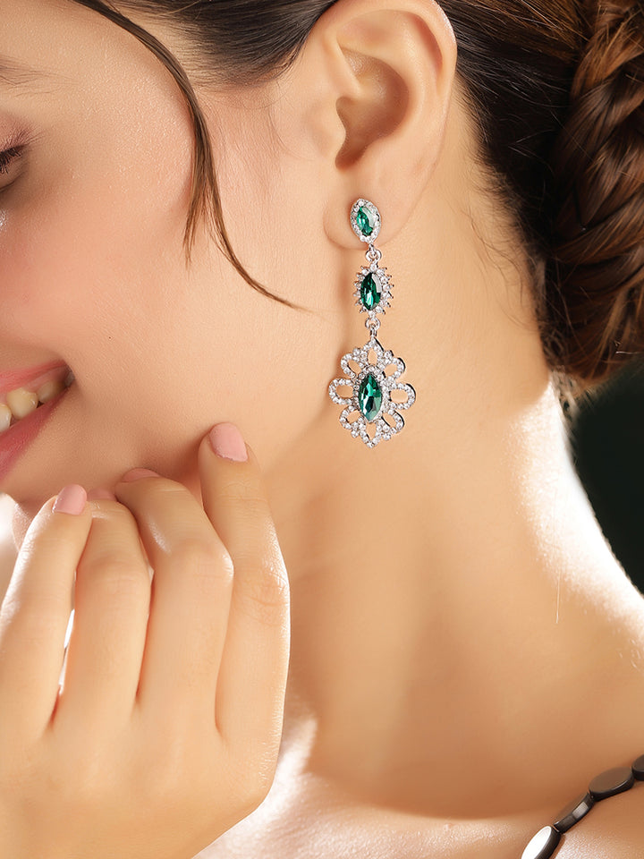 Priyaasi Silver Plated Green Crystal Drop Earrings