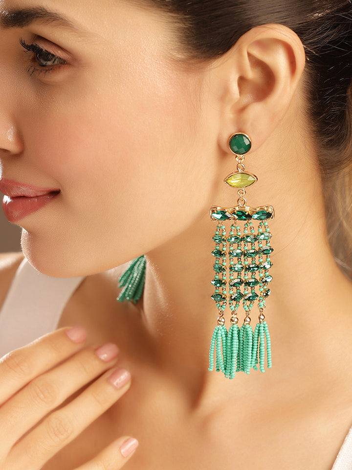 Priyaasi Gold Plated Green Beaded Dangle Earrings