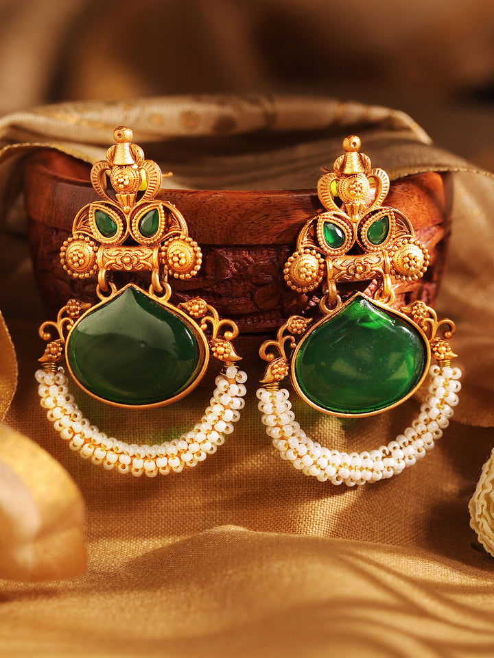 Priyaasi Gold Plated Green Temple Chandbali Earrings
