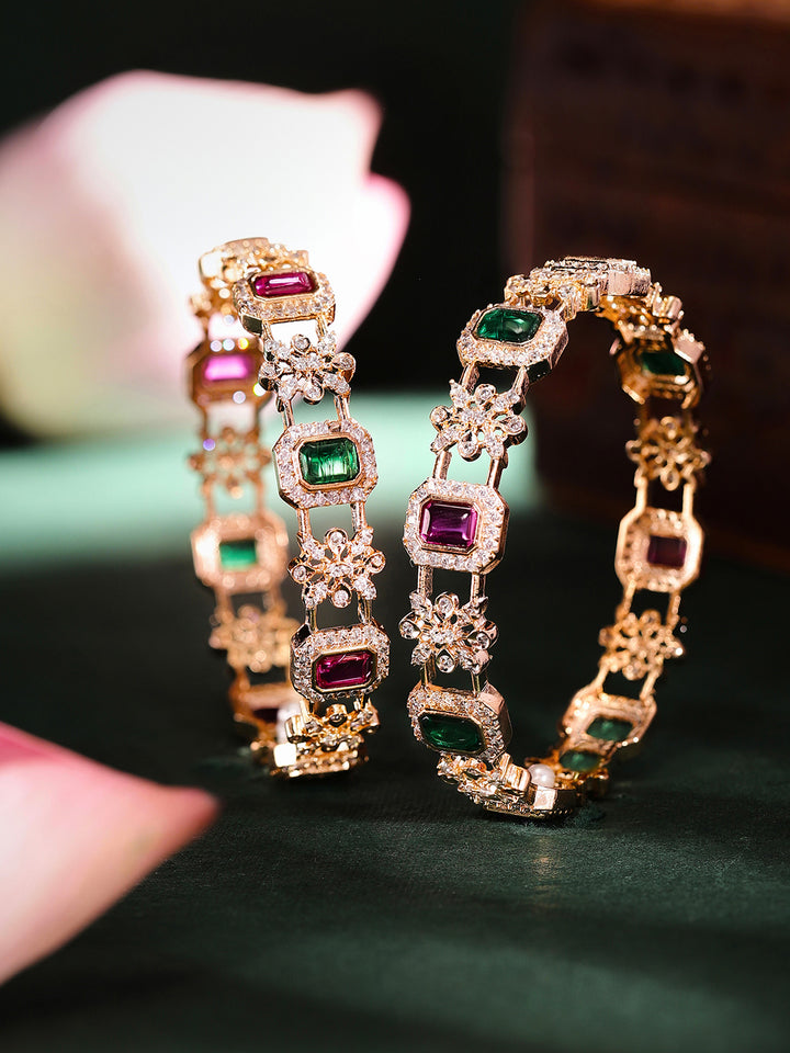 Priyaasi Gold Plated Multi-Color American Diamond Ruby/Emarld Bangles