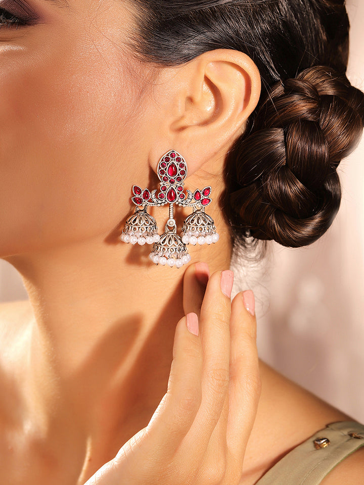 Priyaasi Silver Plated Red Oxidized Drop Earrings