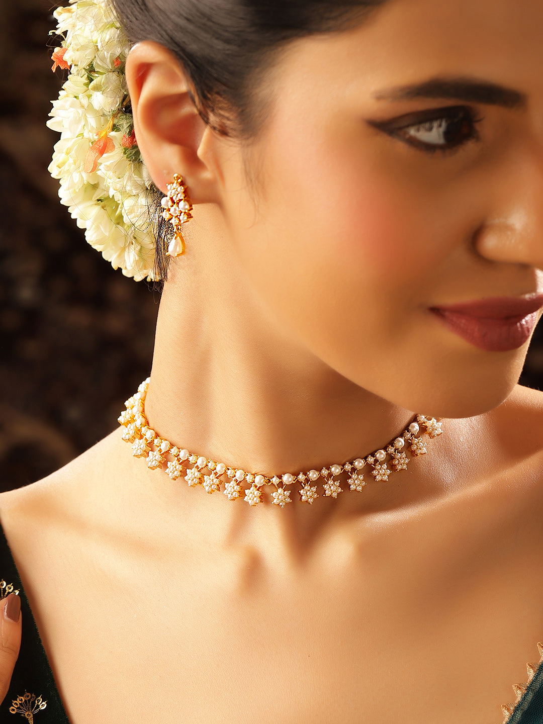 Floral Style Pearl Studded Necklace and Drop Earrings Jewellery Set