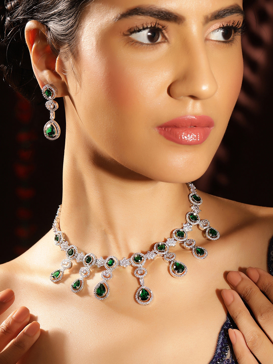 Emerald Stoned American Diamond Silver Plated Elegant necklace Drop Earrings Jewellery Set