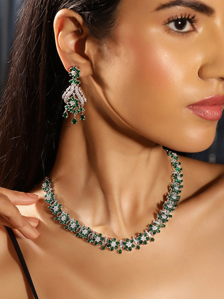 Green Stoned American Diamond Silver Plated Floral Style Necklace Drop Earrings Jewellery Set