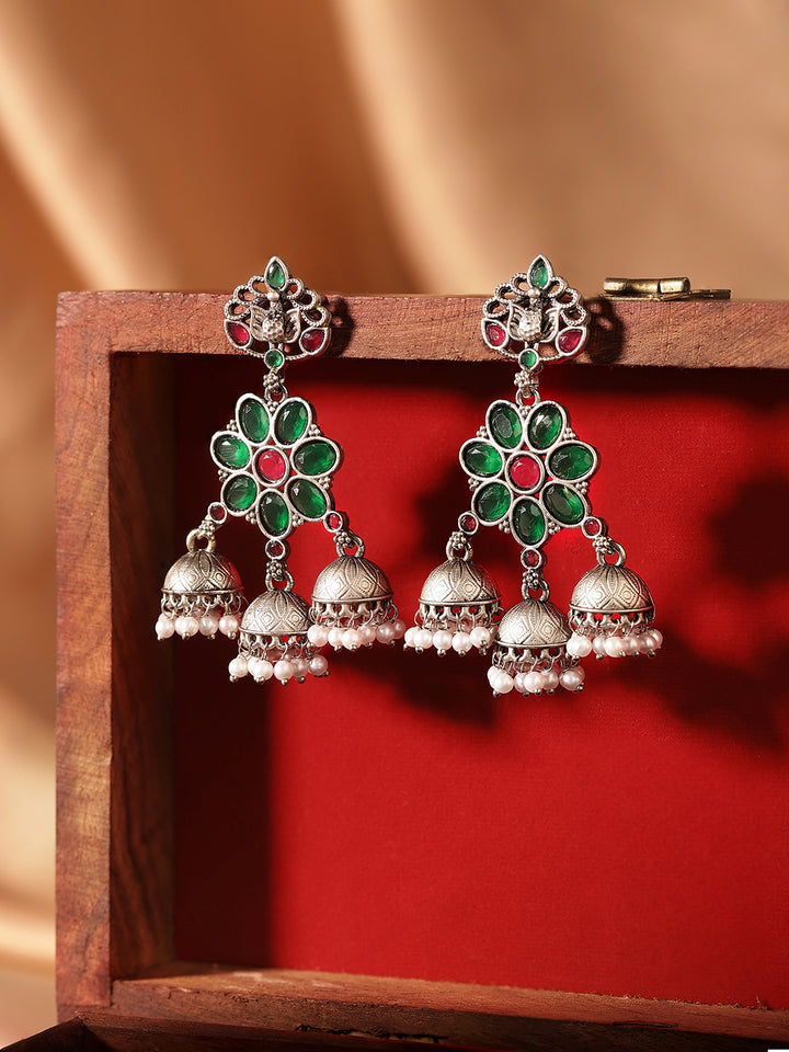 Priyaasi Silver Plated Green Oxidized Drop Earrings