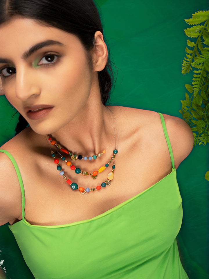 Priyaasi gold plated multi color 3 layer beaded necklace