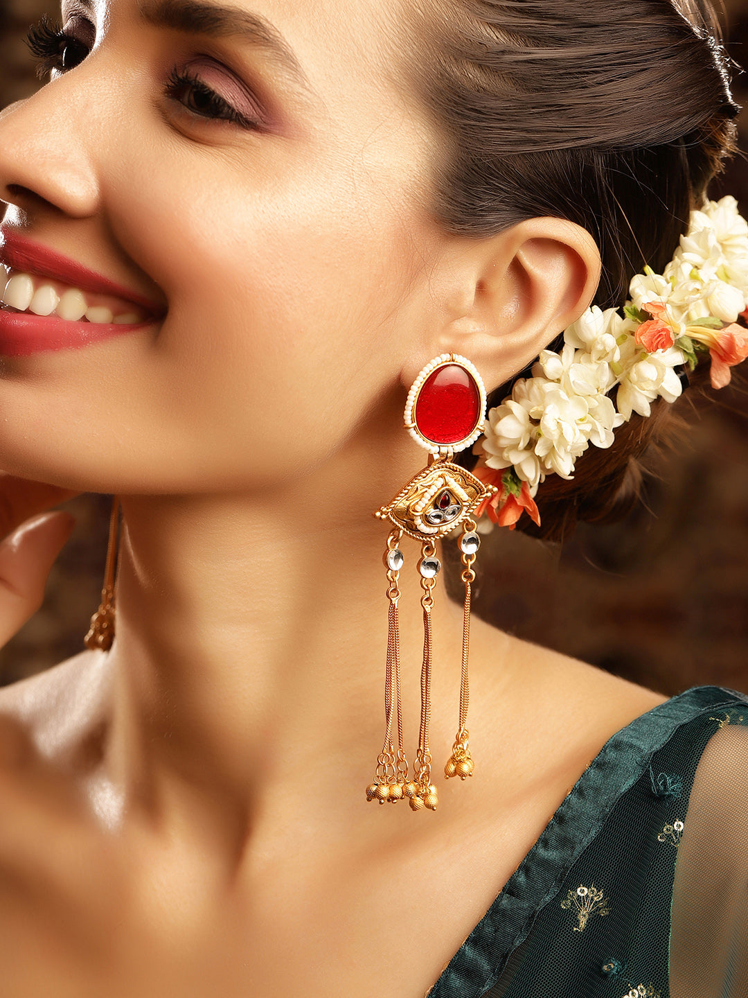 Priyaasi Gold Plated Red Kundan Dangle Earrings