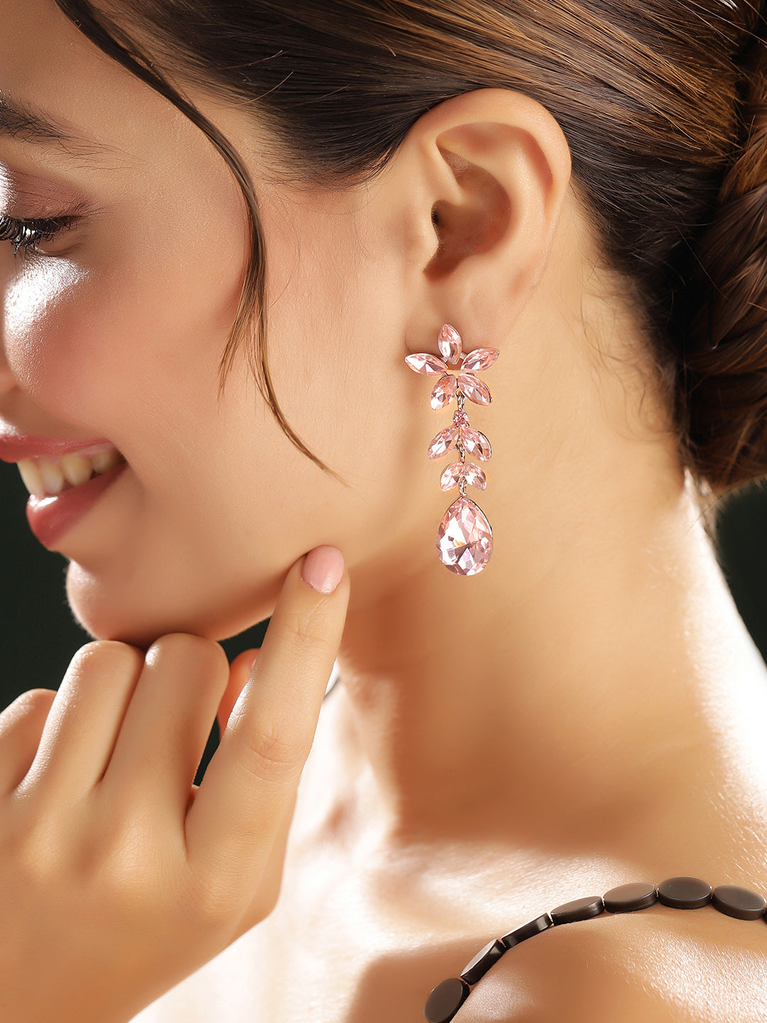 Priyaasi Silver Plated Pink Crystal Drop Earrings