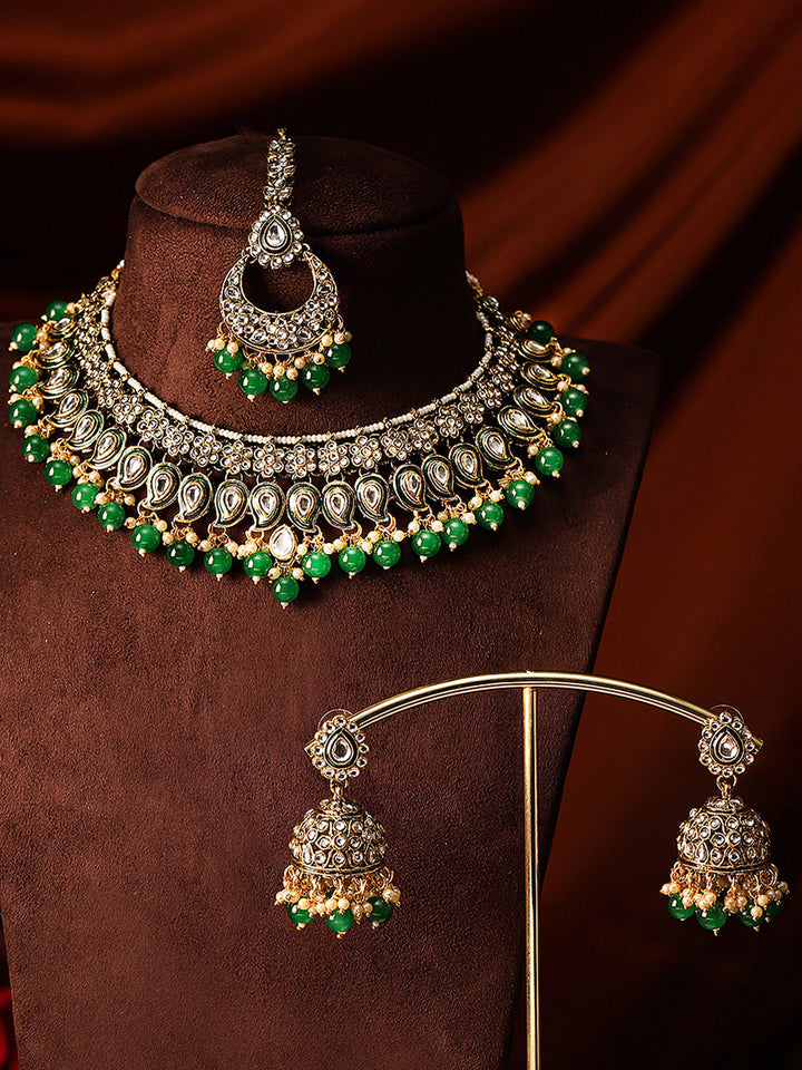 Green Beads Floral Kundan Gold Plated Necklace Jhumkis and Maangtika Jewellery Set