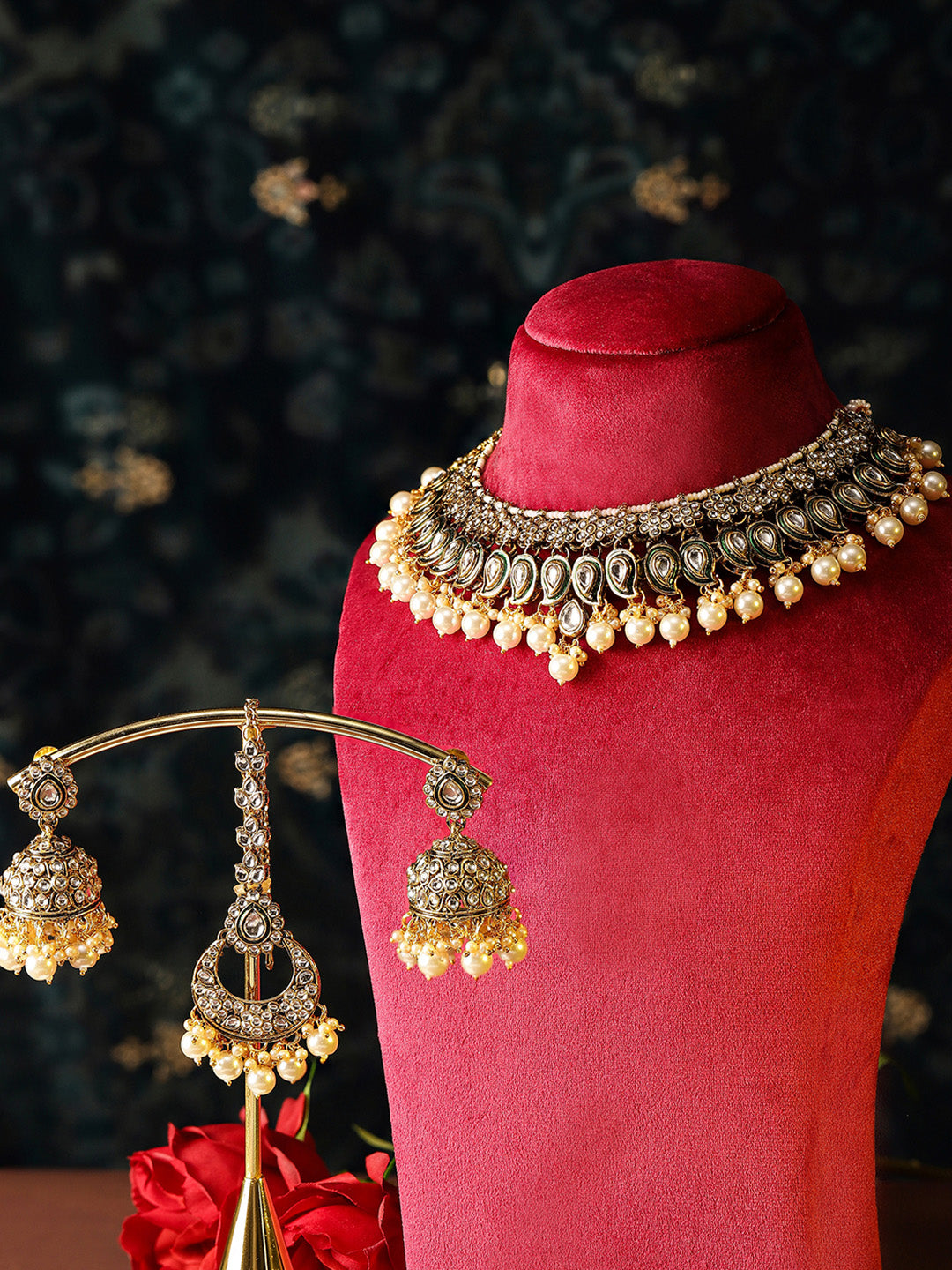 Green Elegance Kundan Pearl Floral Style Necklace Drop Earrings and maangtika Jewellery Set