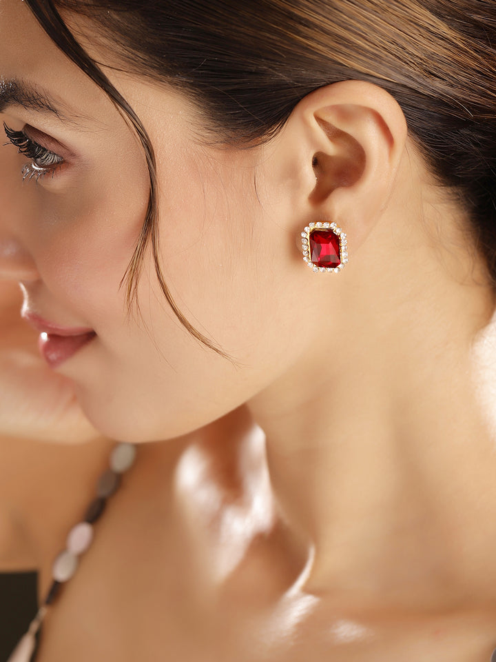 Priyaasi Silver Plated Red Crystal Stud Earrings