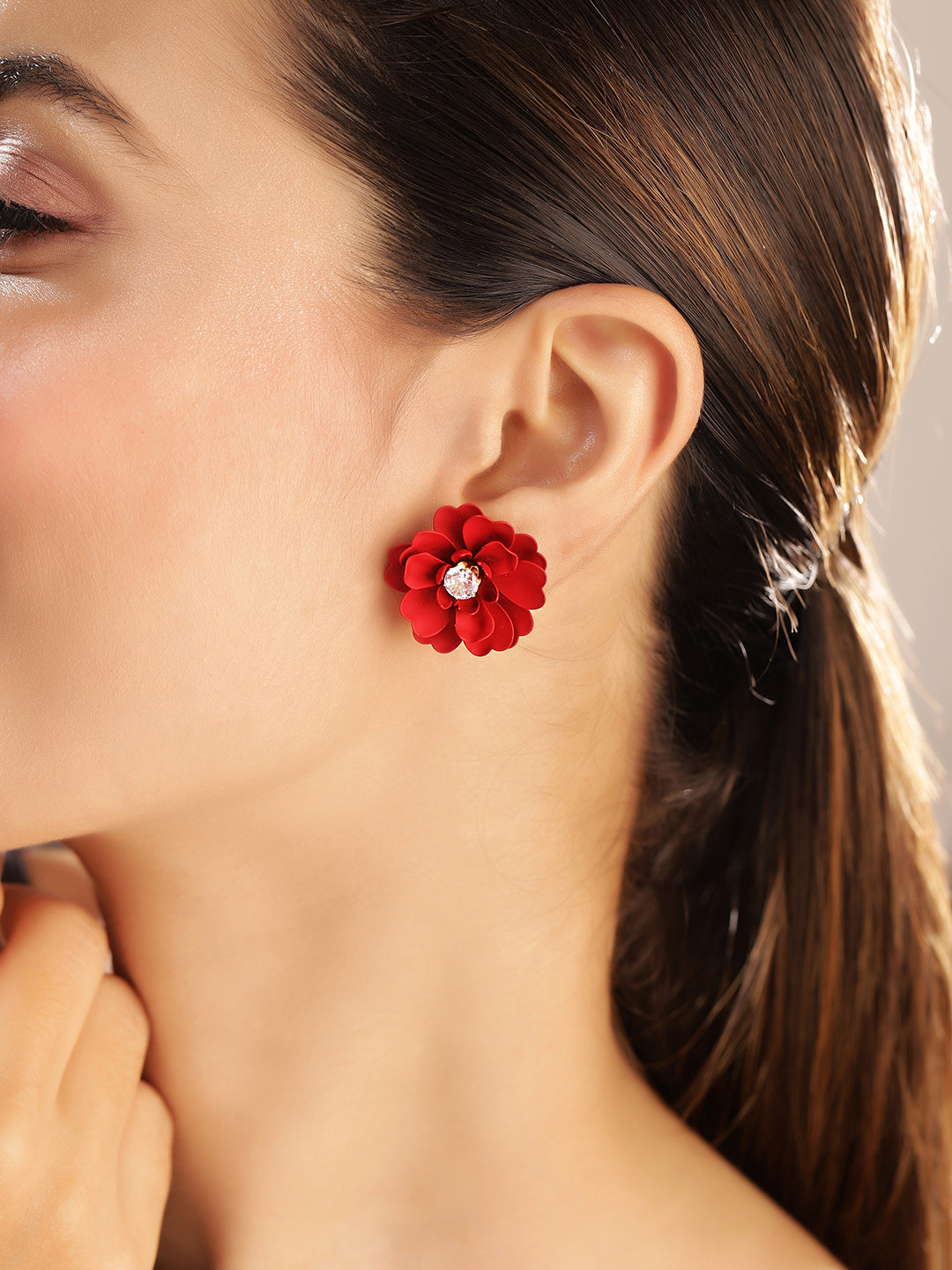 Priyaasi Red Floral Stud Earrings