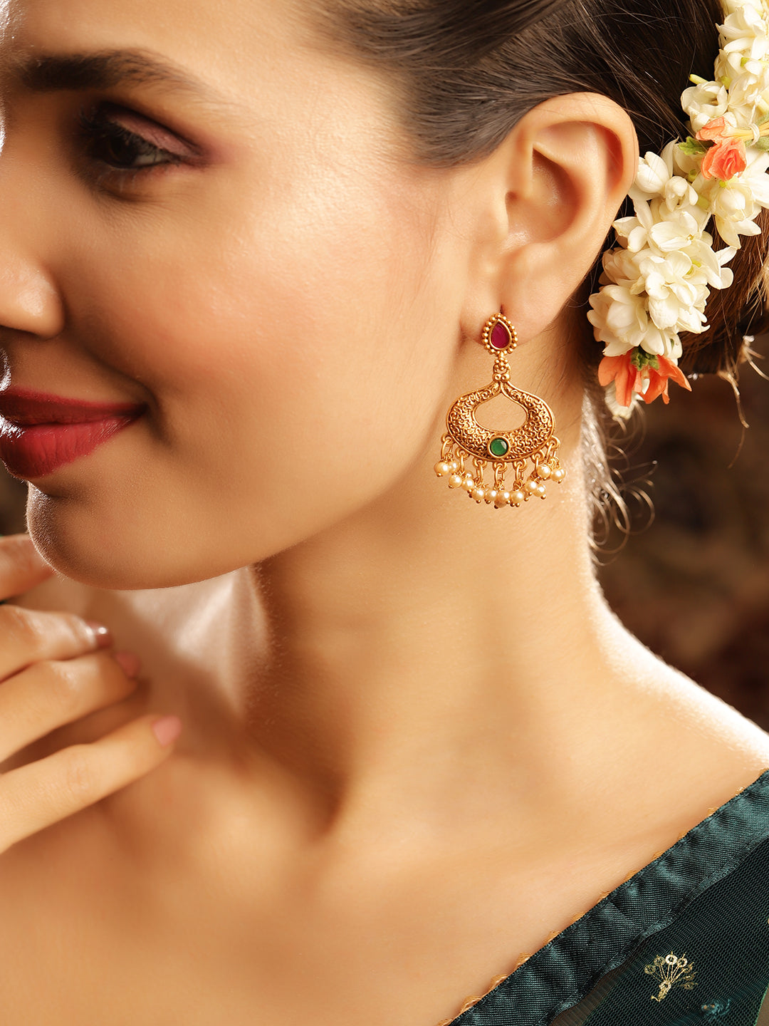 Priyaasi Gold Plated Temple Chandbali Earrings