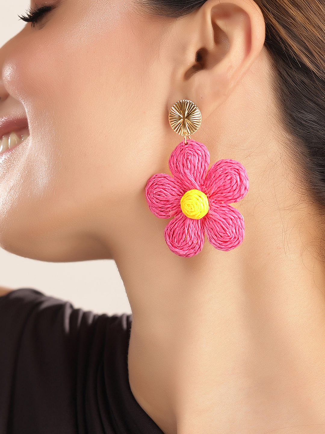 Priyaasi Gold Plated Pink Floral Drop Earrings