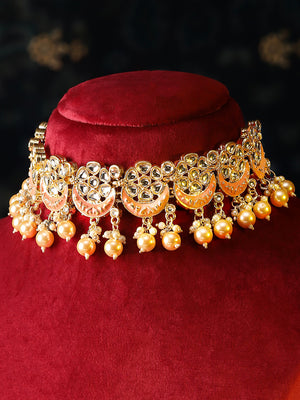 Meenakari Design Floral Pearl Elegance Gold Plated Chocker Drop earrings and maangtika Jewellery Set