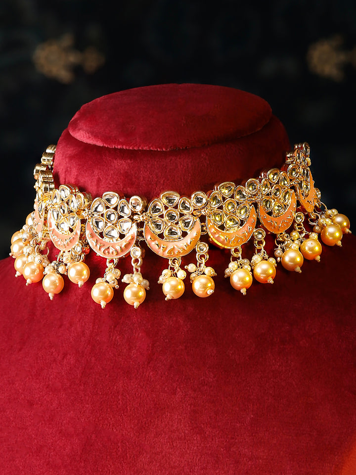 Meenakari Design Floral Pearl Elegance Gold Plated Chocker Drop earrings and maangtika Jewellery Set