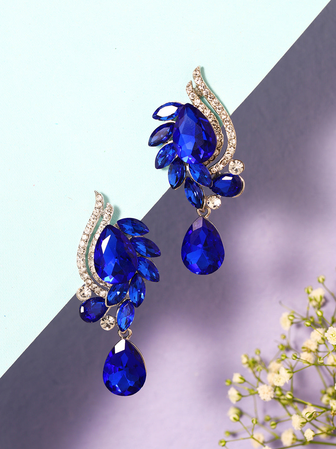 Priyaasi Silver Plated Blue Crystal Drop Earrings