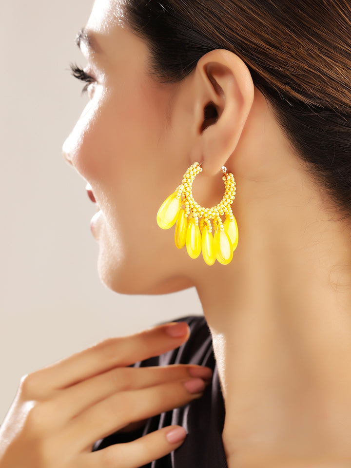 Priyaasi Gold Plated Yellow Beaded Hoops Earrings