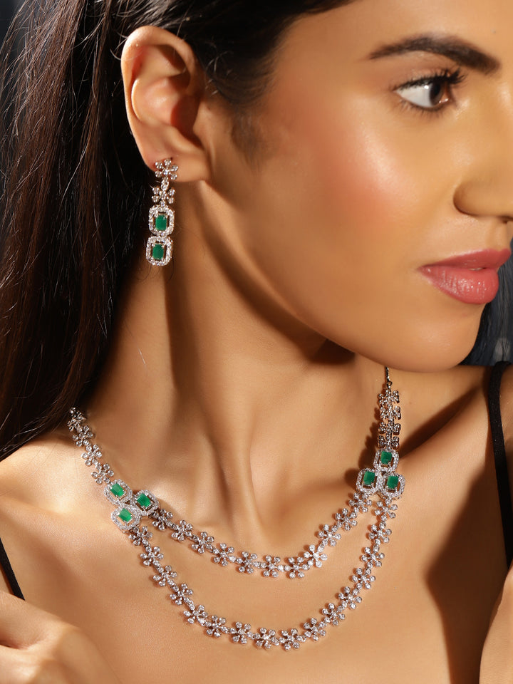 Floral Emerald Elegance Layered Style Silver Plated Necklace Drop Earrings Jewellery Set